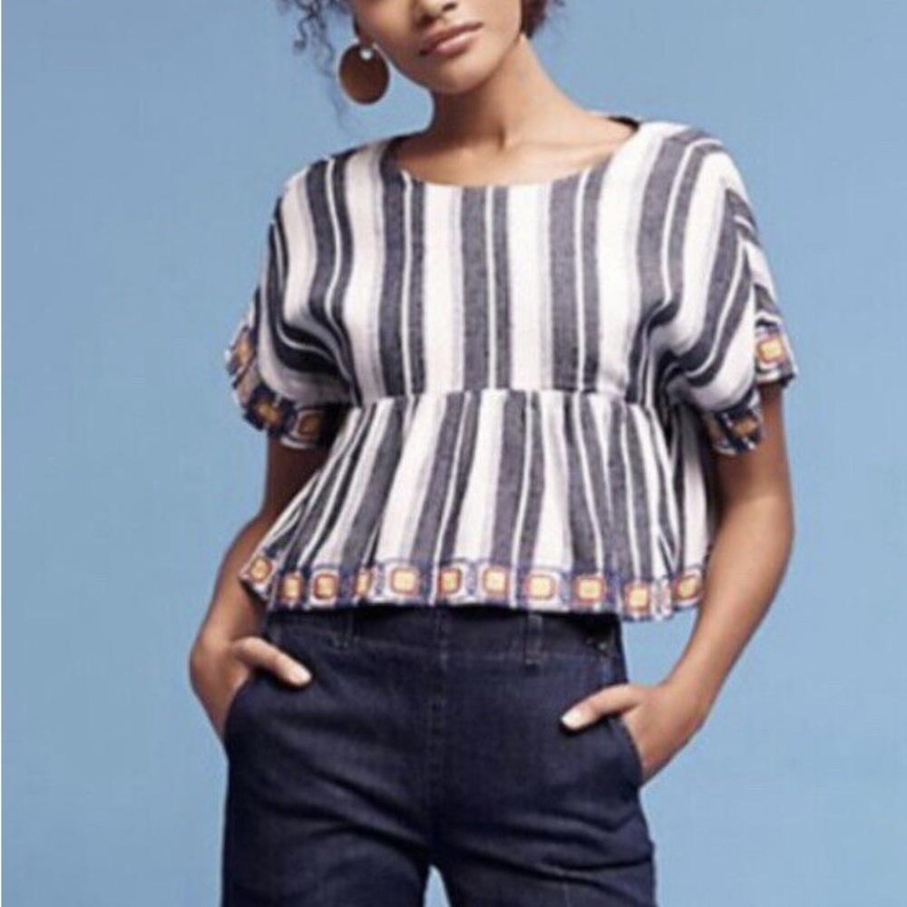 Anthropologie Top Women's Small Blue White Striped Linen Blouse Cropped Maeve